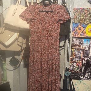 SHEIN Red Floral Midi Dress with Black Accents